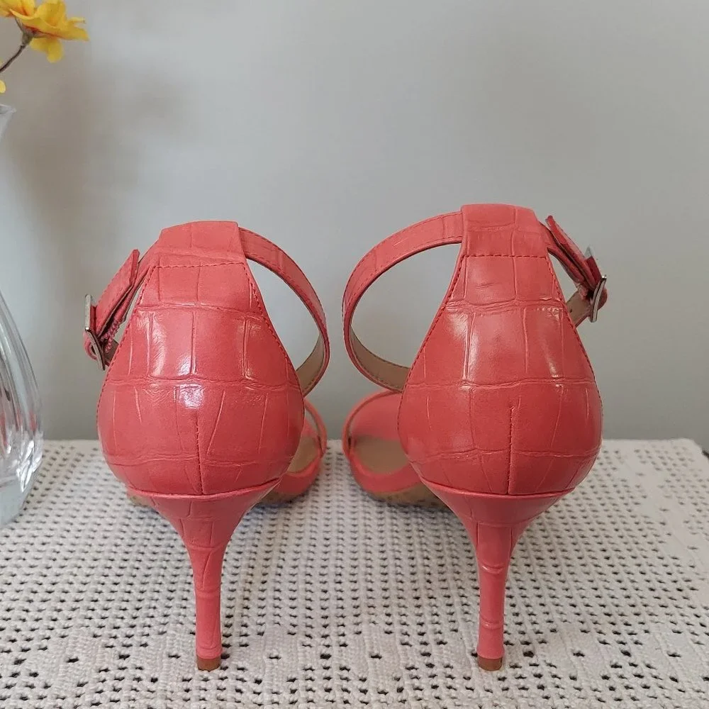 NWOB CALVIN KLEIN LALI CROC EMBOSSED STRAPPY OPEN TOE SANDALS (CORAL / S…